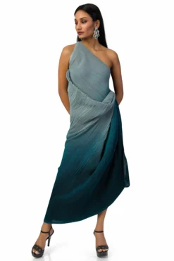 Meghna Shah Grey & Dark Blue Chinon One-Shoulder Dress -AOZA Wear Style Shop MGHSH062301 3