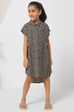 Mini Chic Black Floral Printed Dress For Girls
