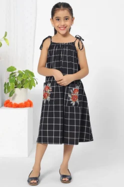 Mini Chic Black Checkered Dress For Girls