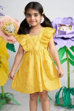 Miko Lolo Yellow Cotton Printed Ruffled Dress For Girls