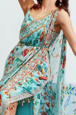 Mahima Mahajan Blue Embroidered Dress With Cape -AOZA Wear Style Shop MMAC082240 3