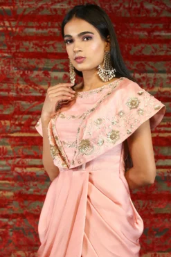 NITISHA Blush Pink Floral Hand Embroidered Draped Dress -AOZA Wear Style Shop NITC042110 4