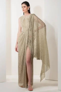 Namrata Joshipura Champagne Gold Shimmer Chiffon Draped Dress