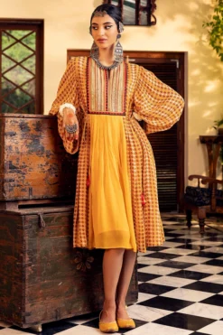 Nadima Saqib Yellow Printed & Embroidered Dress