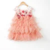 NSS Little Stars Peach Hand Embroidered Layered Dress For Girls