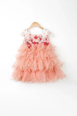 NSS Little Stars Peach Hand Embroidered Layered Dress For Girls
