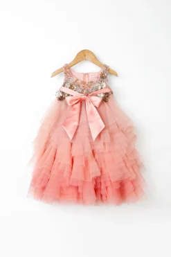 NSS Little Stars Peach Embellished Layered Dress For Girls