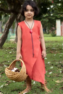 Onari Kids Brick Red Linen Wrap-Around Tea-Length Dress For Girls