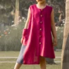 Onari Kids Crimson-Pink Kantha Embroidered Linen Dress For Girls