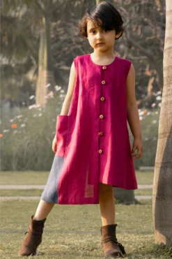Onari Kids Crimson-Pink Kantha Embroidered Linen Dress For Girls