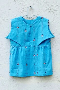 ORCR KIDS Blue Embroidered Front Paneled Dress For Girls