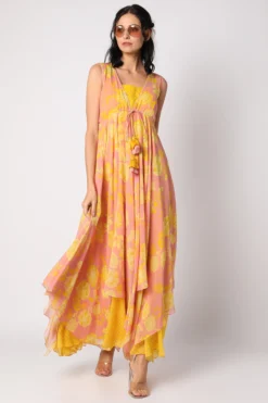 Paulmi & Harsh Yellow Printed Maxi Dress With Inner