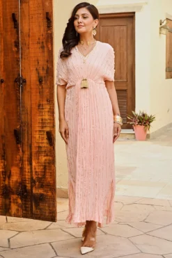 Palak & Mehak Baby Pink Rayon Crepe Lurex & Mulmul Kaftan Dress