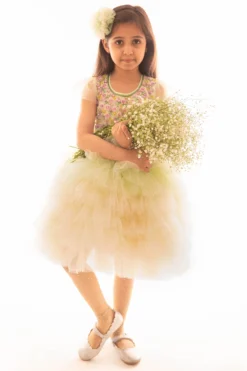 Pa:paa Mint Green & Cream Hand Embroidered Layered Dress For Girls