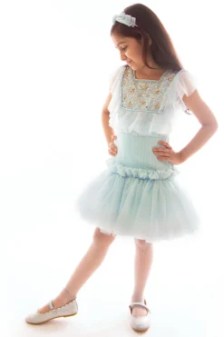Pa:paa Baby Blue Embroidered Flared Dress For Girls