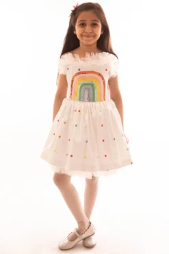 Pa:paa Off-White Printed & Embroidered Flared Dress For Girls