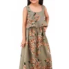 Phee-B Moss Green Crepe Printed Maxi Dress For Girls