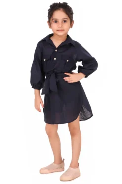 Phee-B Navy Blue Cotton Shirt Dress For Girls