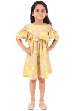 Phee-B Beige Crepe Printed Dress For Girls