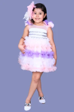 Pink Cow Multi-Colored Net Dress With Sequins For Girls