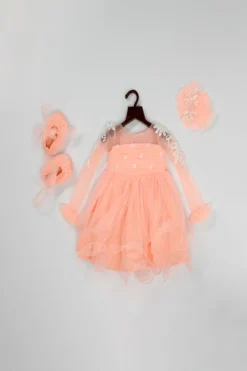 Pink Cow Peach Net Dress With Attached Flower For Girls