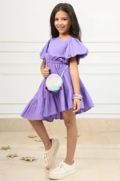 PNK Isha Arora (Pink) Grape Cotton Ruffled Cutout Dress For Girls