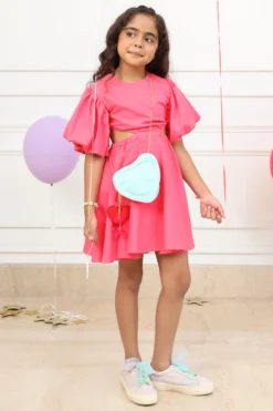 PNK Isha Arora (Pink) Barbie Pink Cotton Ruffled Cutout Dress For Girls