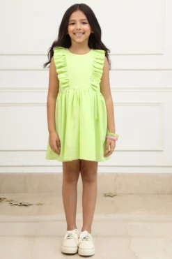PNK Isha Arora (Pink) Bright Lime Ruffled Mini Dress For Girls