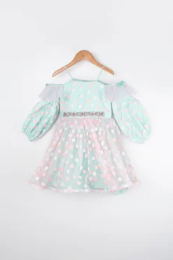 Rani Kidswear Sea Blue Printed Net Dress For Girls