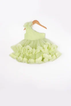 Rani Kidswear Lemon Green Ruffled One-Shoulder Dress For Girls