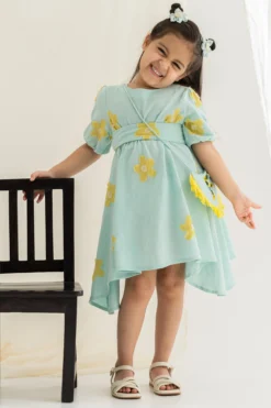 The Right Cut Kids Sky Blue Handloom Khadi Dress For Girls