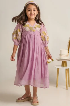 The Right Cut Kids Lavender Embroidered Dress For Girls