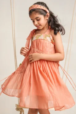 The Right Cut Kids Peach Embroidered Dress For Girls -AOZA Wear Style Shop RIGH082205 3