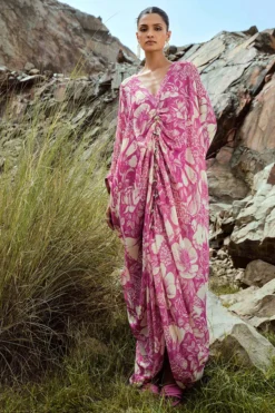 Sana Barreja Fuchsia Georgette Lurex Embellished Kaftan Dress