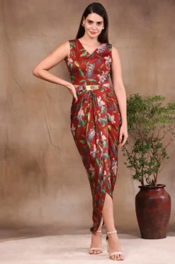 Soup By Sougat Paul Red Printed Draped Dress With Jacket -AOZA Wear Style Shop SBSP012247 4