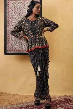 Soup By Sougat Paul Black Cotton Silk Printed Jacket Dress