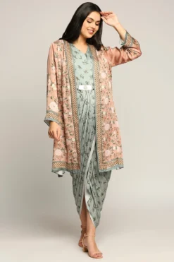 Soup By Sougat Paul Peach & Mint Green Printed Jacket Dress