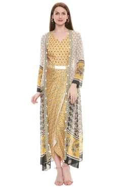 Soup By Sougat Paul Yellow Printed Dress With Jacket