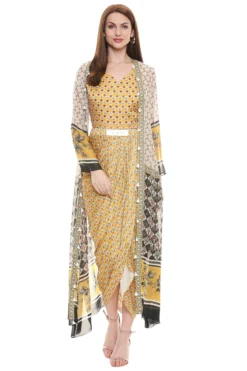 Soup By Sougat Paul Yellow Printed Dress With Jacket -AOZA Wear Style Shop SBSP032292 4