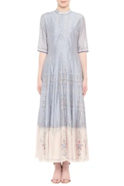 Soup By Sougat Paul Blue & Off White Embroidered Printed Maxi Dress