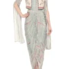 Soup By Sougat Paul Beige & Blue Printed Dress With Embroidered Jacket