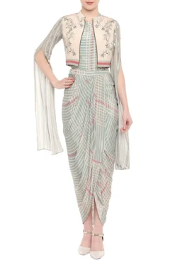 Soup By Sougat Paul Beige & Blue Printed Dress With Embroidered Jacket