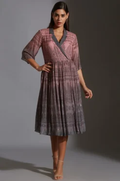 Soup By Sougat Paul Pink & Grey Printed Embroidered Overlapped Dress