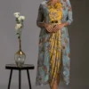 Soup By Sougat Paul Yellow & Powder Blue Printed Draped Dress With Jacket