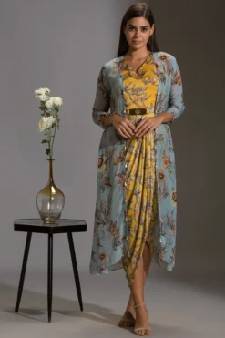 Soup By Sougat Paul Yellow & Powder Blue Printed Draped Dress With Jacket