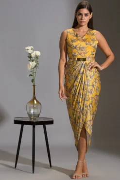 Soup By Sougat Paul Yellow & Powder Blue Printed Draped Dress With Jacket -AOZA Wear Style Shop SBSP052129 4