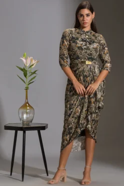 Soup By Sougat Paul Green & Black Printed Draped Dress With Belt