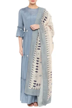 Soup By Sougat Paul Blue Maxi Dress With Beige Printed Dupatta