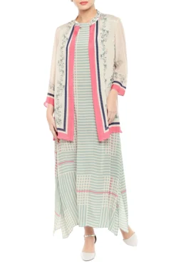 Soup By Sougat Paul Pink & Blue Printed Dress With Jacket