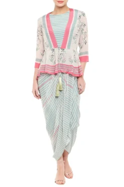 Soup By Sougat Paul Pink & Blue Printed Drape Dress With Peplum Jacket